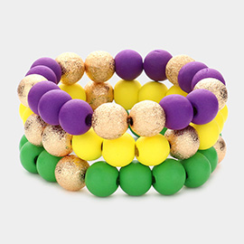 3PCS - Mardi Gras Wood Frosted Metal Ball Stretch Bracelets