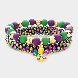 2PCS - Mardi Gras Fleur de Lis Charm Wood Ball Faceted Beaded Stretch Bracelets