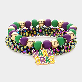 2PCS - Mardi Gras Message Charm Wood Ball Faceted Beaded Stretch Bracelets
