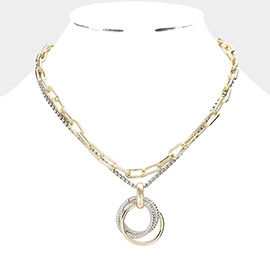 Triple Open Metal Circle Link Pendant Double Layered Toggle Necklace