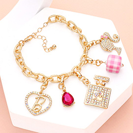 Barbie Pink Heart B Monogram Teardrop Stone Perfume Charm Bracelet
