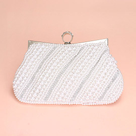 Oblique Pearl Stone Embellished Evening Clutch / Tote / Crossbody Bag