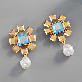 Square Bead Centered Pearl Link Dangle Earrings