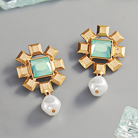 Square Bead Centered Pearl Link Dangle Earrings