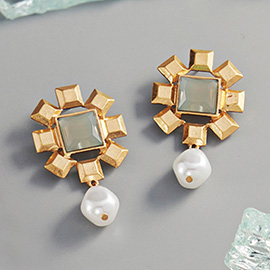 Square Bead Centered Pearl Link Dangle Earrings