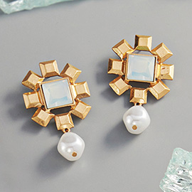 Square Bead Centered Pearl Link Dangle Earrings