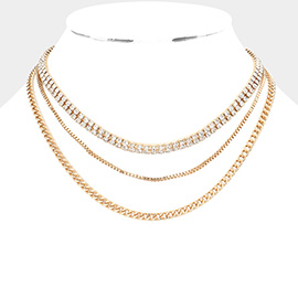 Gold Dipped Rhinestone Embellished Metal Chain Triple Layered Bib Necklace