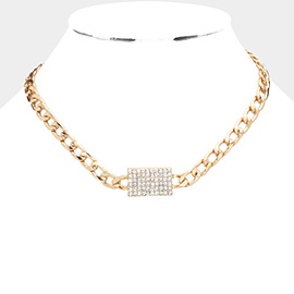 Gold Dipped Rhinestone Embellished Rectangle Accented Chain Link Necklace