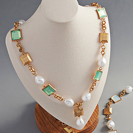 Pearl Square Bead Metal Link Necklace