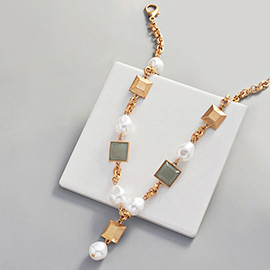 Pearl Square Bead Metal Link Necklace