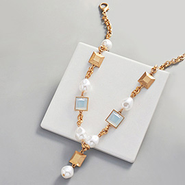 Pearl Square Bead Metal Link Necklace