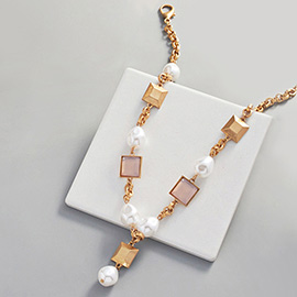 Pearl Square Bead Metal Link Necklace