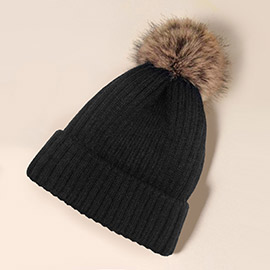 Solid Knit Faux Fur Pom Pom Beanie Hat