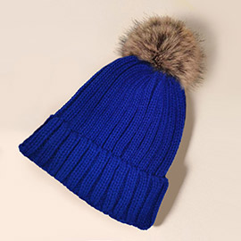 Solid Knit Faux Fur Pom Pom Beanie Hat