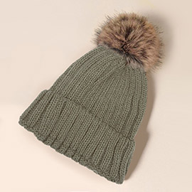 Solid Knit Faux Fur Pom Pom Beanie Hat