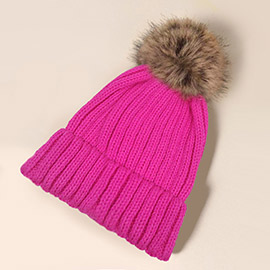 Solid Knit Faux Fur Pom Pom Beanie Hat
