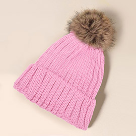Solid Knit Faux Fur Pom Pom Beanie Hat