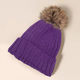 Solid Knit Faux Fur Pom Pom Beanie Hat