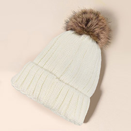 Solid Knit Faux Fur Pom Pom Beanie Hat