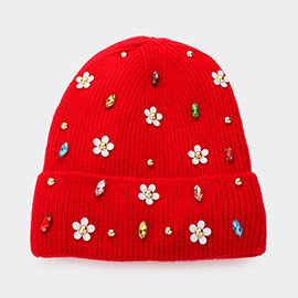 Fleece Lining Daisy Flower Stone Embellished Solid Knit Beanie Hat