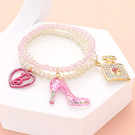 3PCS - Barbie Pink Heart B Monogram Stiletto Heel Perfume Charm Pearl Stretch Bracelets
