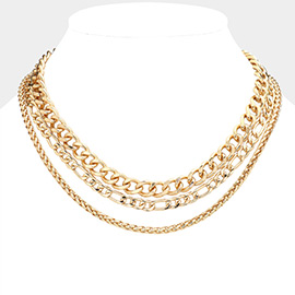 Gold Dipped Metal Chain Triple Layered Necklace