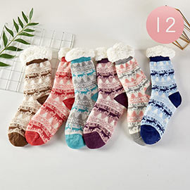 12Pairs - Faux Sherpa Lining Christmas Tree Reindeer Socks