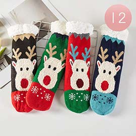 12Pairs - Faux Sherpa Lining Rudolph Snowflake Socks