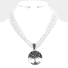 Metal Tree of Life Pendant Pearl Necklace