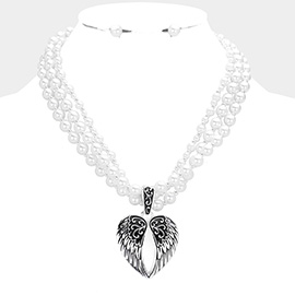 Metal Wings Pendant Pearl Necklace