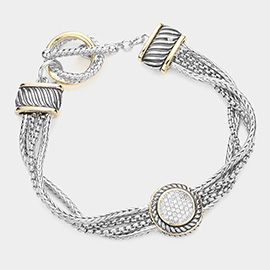 CZ Embellished Round Accented Metal Layered Toggle Bracelet