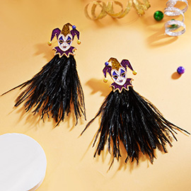 Mardi Gras Glittered Jester Pierrot Feather Earrings