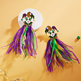 Mardi Gras Glittered Jester Pierrot Feather Earrings