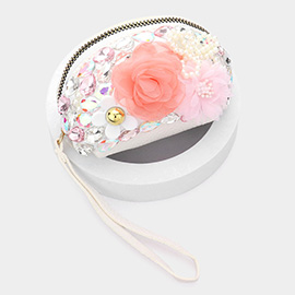 Pearl Stone Embellished Triple Flower Mini Pouch Wristlet Bag