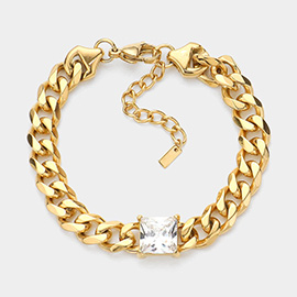 18K Gold Dipped Stainless Steel CZ Square Stone Accented Chain Link Bracelet