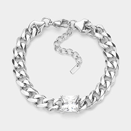 Stainless Steel CZ Square Stone Accented Chain Link Bracelet