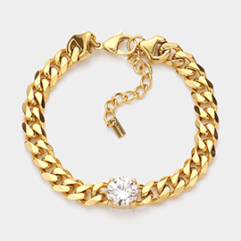 18K Gold Dipped Stainless Steel CZ Round Stone Accented Chain Link Bracelet