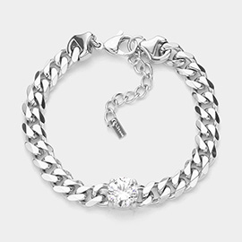 Stainless Steel CZ Round Stone Accented Chain Link Bracelet