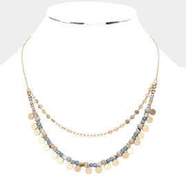 Metal Disc Pointed Natural Stone Faceted Beaded Double Layered Necklace