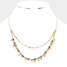 Metal Disc Pointed Natural Stone Faceted Beaded Double Layered Necklace