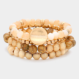 4PCS - Metal Round Accented Natural Stone Wood Ball Faceted Beaded Stretch Bracelets