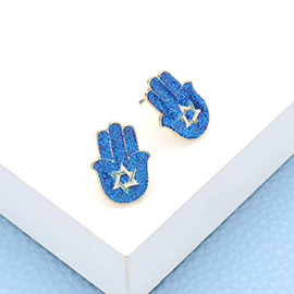 Glittered Star of David Centered Hamsa Hand Hanukkah Stud Earrings