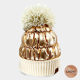 Fleece Lining  Puffer Knit Pom Pom Beanie Hat