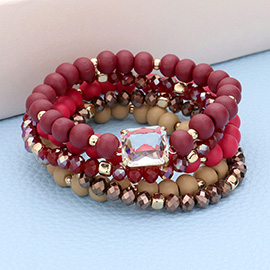 5PCS - Emerald Cut Stone Accented Wood Ball Faceted Beaded Stretch Bracelets