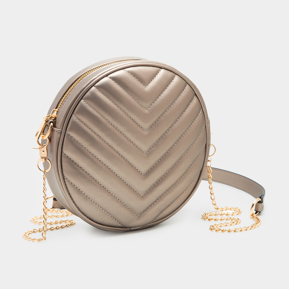Chevron Patterned Faux Leather Round Crossbody Bag