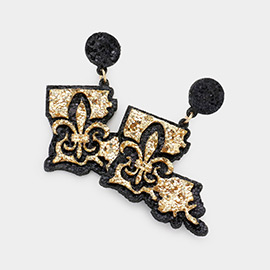 Felt Back Glittered Fleur de Lis Louisiana State Map Dangle Earrings