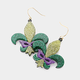Mardi Gras Glittered Resin Fleur de Lis Mask Dangle Earrings