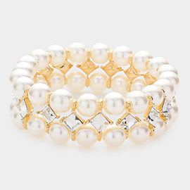 Square Stone Accented Pearl Stretch Bracelet