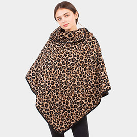 Leopard Pattern Turtleneck Coconut Button Poncho