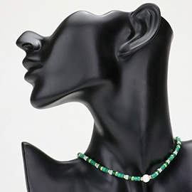 Round Pearl Accented Metal Faceted Beaded Choker Necklace